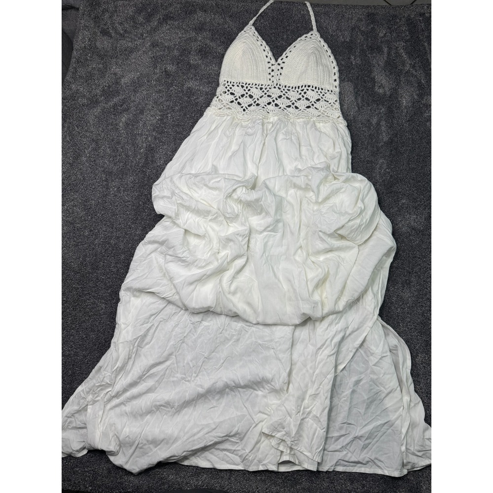 Lilbetter White Crochet Lace Halter Maxi Dress Boho Beach Side Slit Size M
